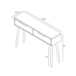 Mid-century modern narrow console table dimension diagram — 46.25 in long x 12.75 in deep x 32 in high, two drawers with recessed pulls and angled legs for entryway or hallway