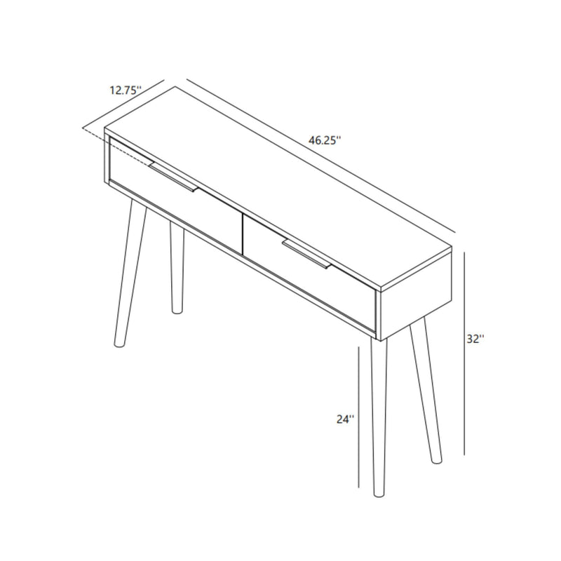 Mid-century modern narrow console table dimension diagram — 46.25 in long x 12.75 in deep x 32 in high, two drawers with recessed pulls and angled legs for entryway or hallway