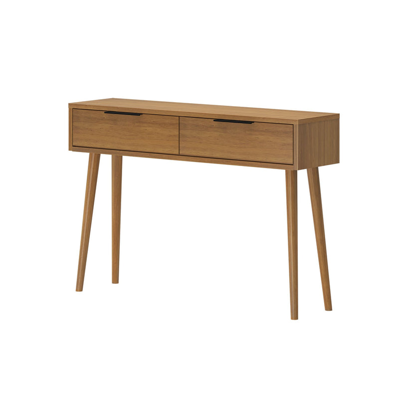 Mid-century modern wooden console table with two drawers and tapered legs.