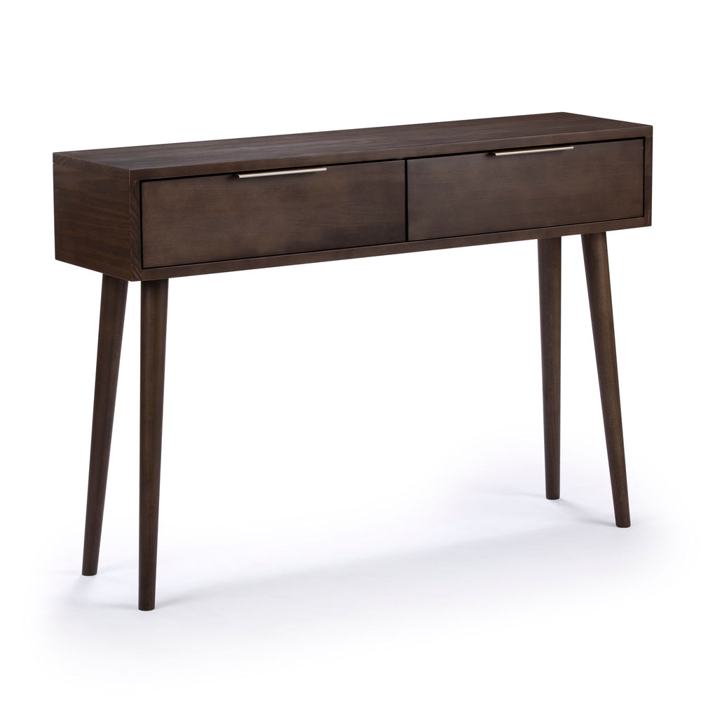 Mid-century modern wooden console table with drawers and tapered legs.