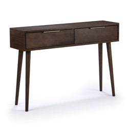 Mid-century modern wooden console table with drawers and tapered legs.