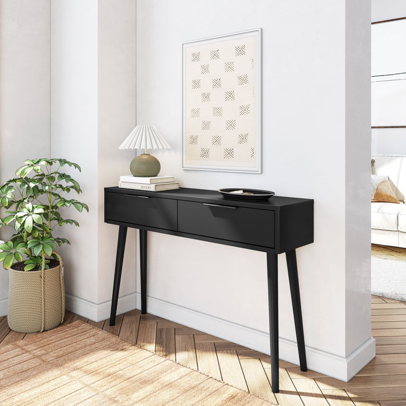 Sleek black console table in modern living room interior with decorative lamp and potted plant.