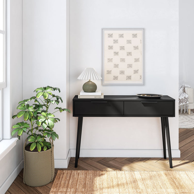 Modern entryway with black console table, decorative lamp, and houseplant on hardwood floor.