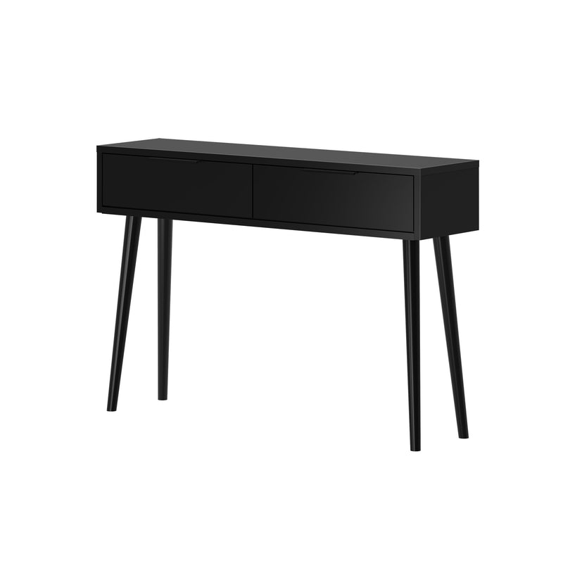 Black modern console table with storage drawers and sleek design.
