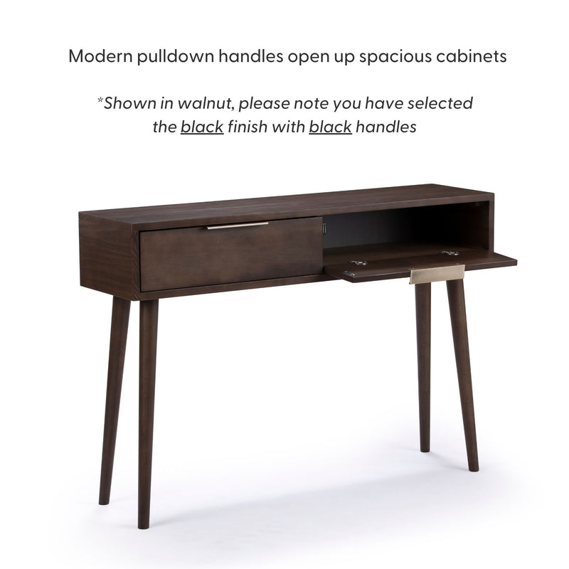 Mid-century modern console table in walnut finish with black pulldown handles and spacious cabinets.