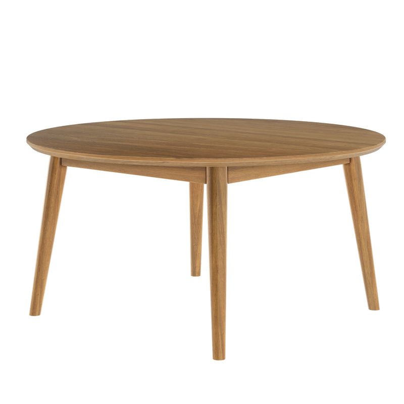 Round wooden coffee table with minimalist design and tapered legs.