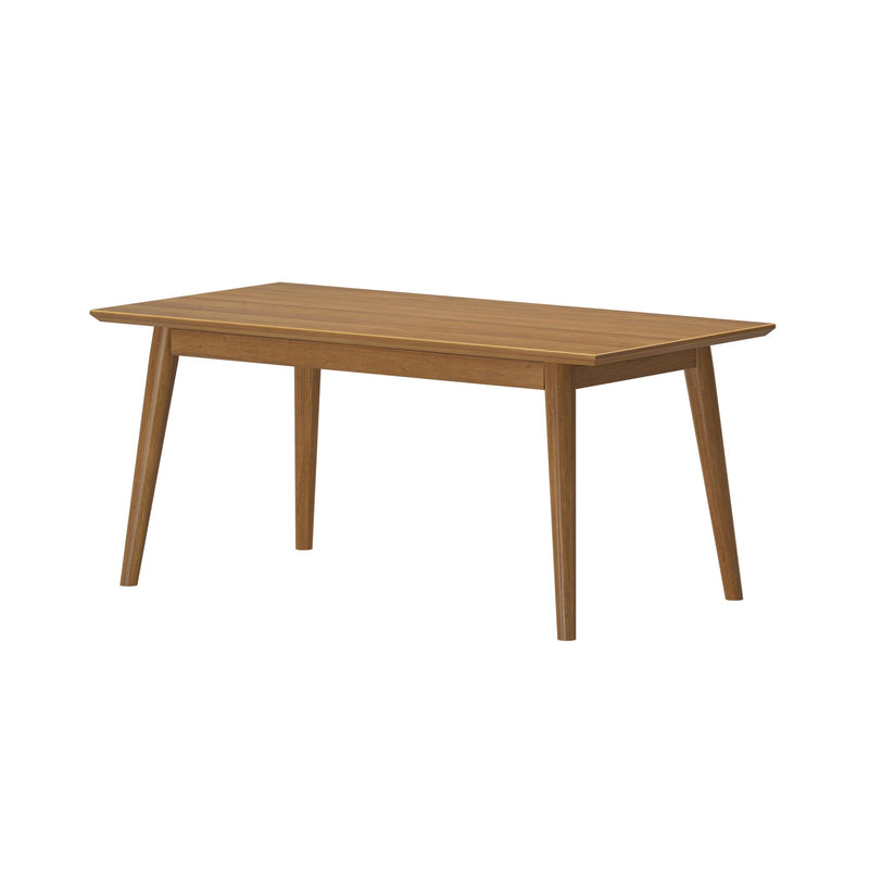 Mid-century modern wooden dining table with tapered legs.