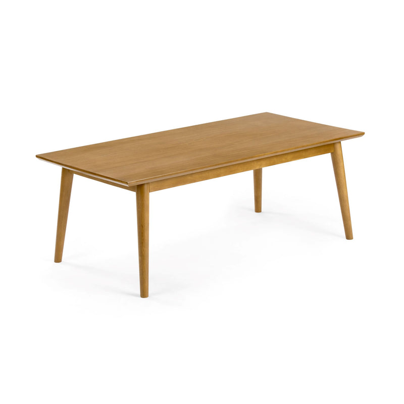 Wooden mid-century modern table with clean lines and tapered legs.
