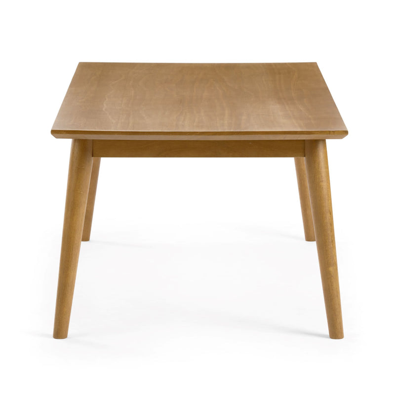 Mid-century modern wooden coffee table with tapered legs on white background.