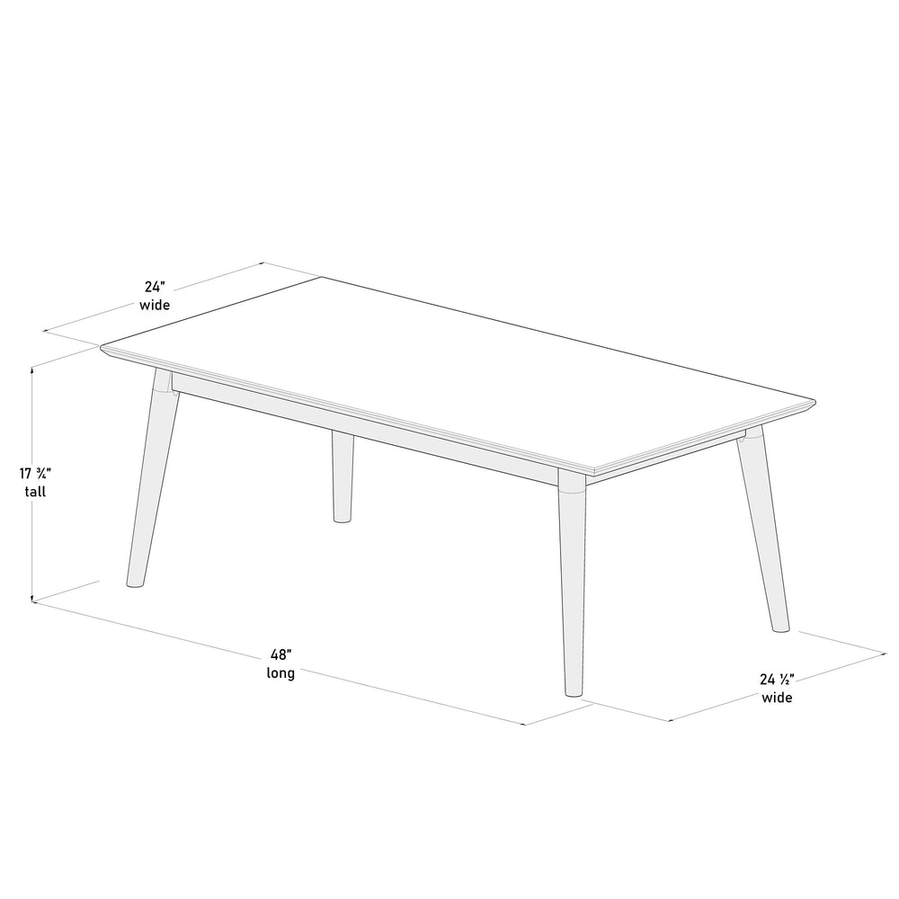 Illustrated diagram of a modern rectangular table with dimensions 48 inches long, 24 inches wide, and 17 3/4 inches tall.