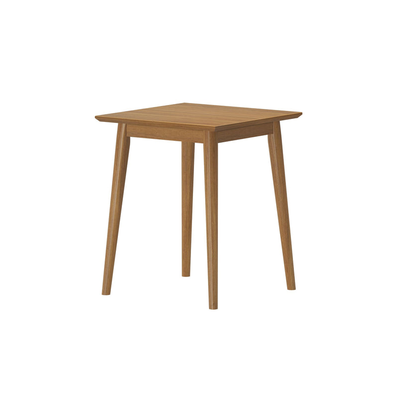 Square wooden side table with mid-century modern design and tapered legs.