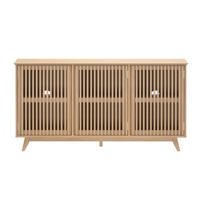 Light oak three-door slatted wooden media console with tapered legs and cable management holes