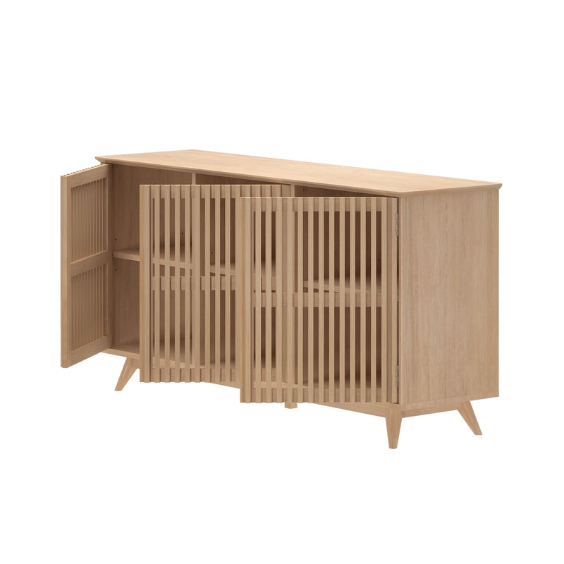 Light oak mid-century modern sideboard buffet with slatted doors and angled legs, spacious interior shelving for living room storage