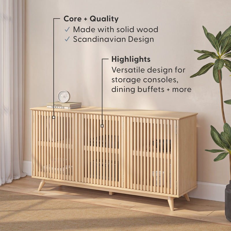 Light oak Scandinavian solid wood slatted console cabinet with tapered mid-century legs — versatile storage sideboard, media console or dining buffet styled with books and clock