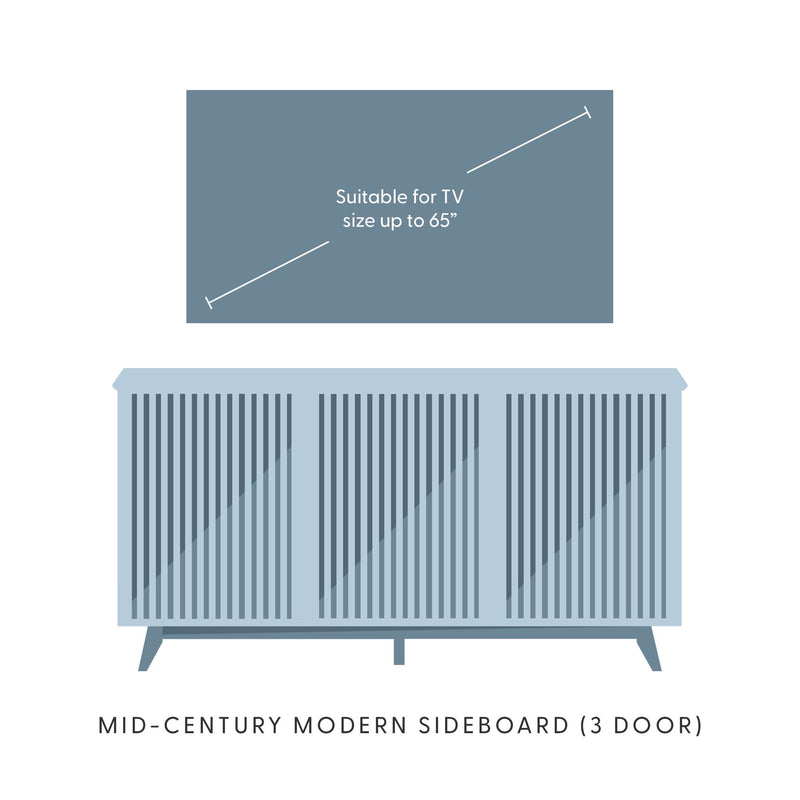 Mid-century modern 3-door sideboard with slatted doors and tapered legs in light blue, media console storage suitable for TVs up to 65-inch