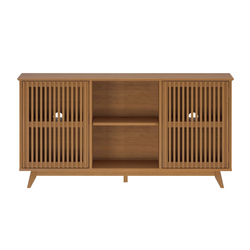 Mid-century modern wooden media console with sliding doors and open shelving.