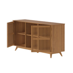 Mid-century modern wooden sideboard with open slatted doors and storage shelves.