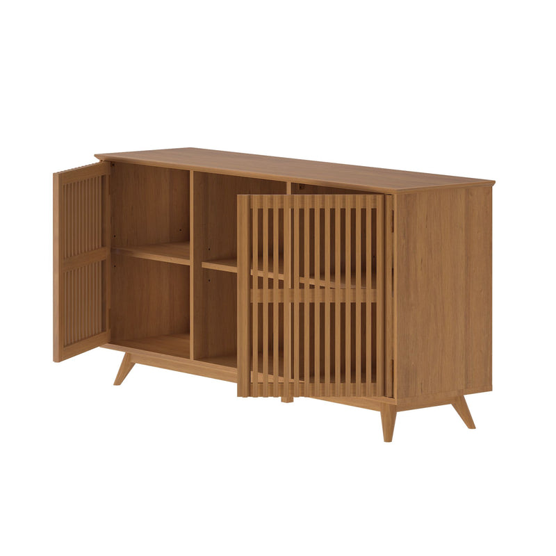 Mid-century modern wooden sideboard with open slatted doors and storage shelves.