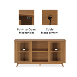 Wooden media console with push-to-open mechanism and cable management system.