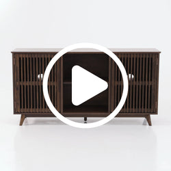 Mid-century modern wooden media console with slatted design and storage space.