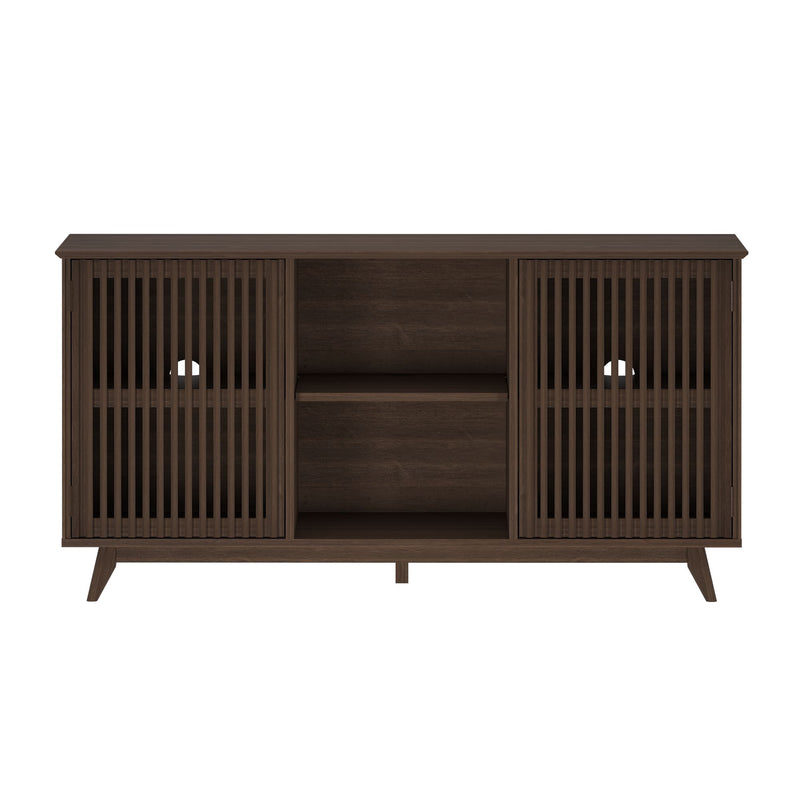 Mid-century modern dark wood credenza with slatted doors and open shelving for stylish home storage.