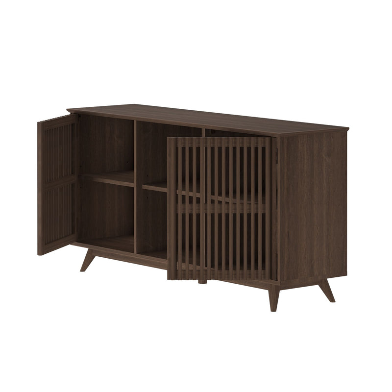 Mid-century modern wooden sideboard with open slatted doors, featuring spacious storage compartments.