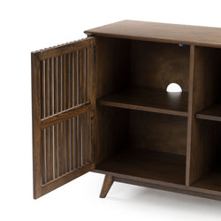 Walnut-finish mid-century modern wooden media console with open slatted door, interior shelf and cable-management hole