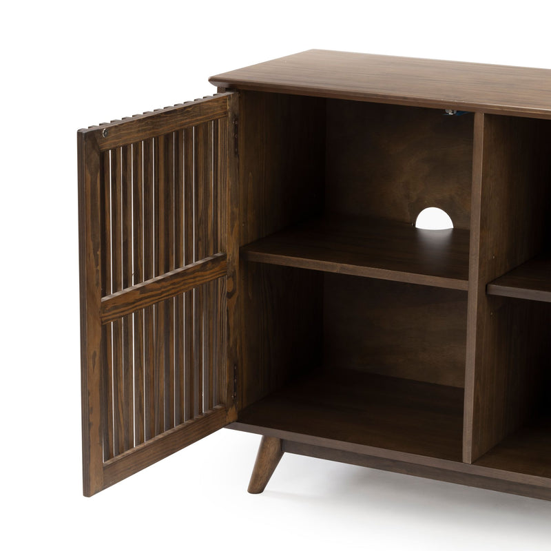 Walnut-finish mid-century modern wooden media console with open slatted door, interior shelf and cable-management hole