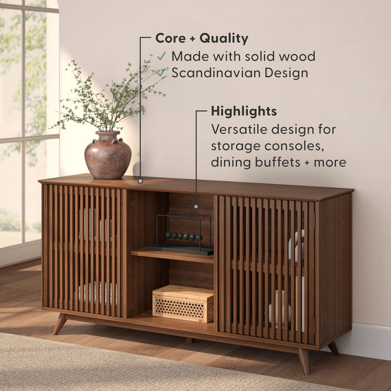 Scandinavian design solid wood sideboard with versatile storage for dining buffets and consoles.