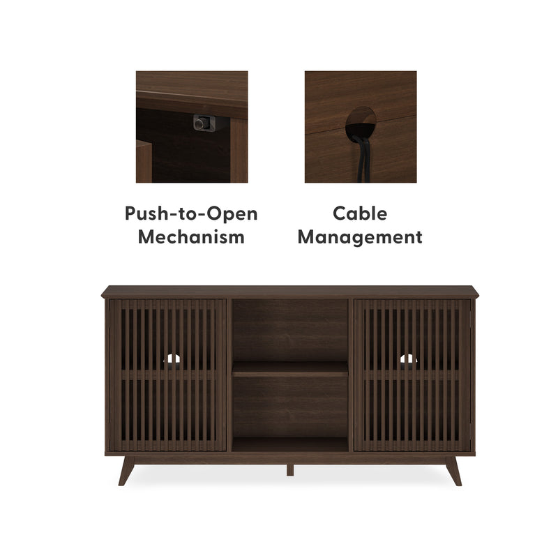 Modern wooden sideboard with push-to-open mechanism and cable management features for streamlined home organization.