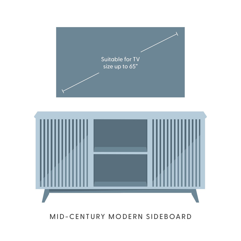 Mid-century modern sideboard suitable for TVs up to 65 inches.