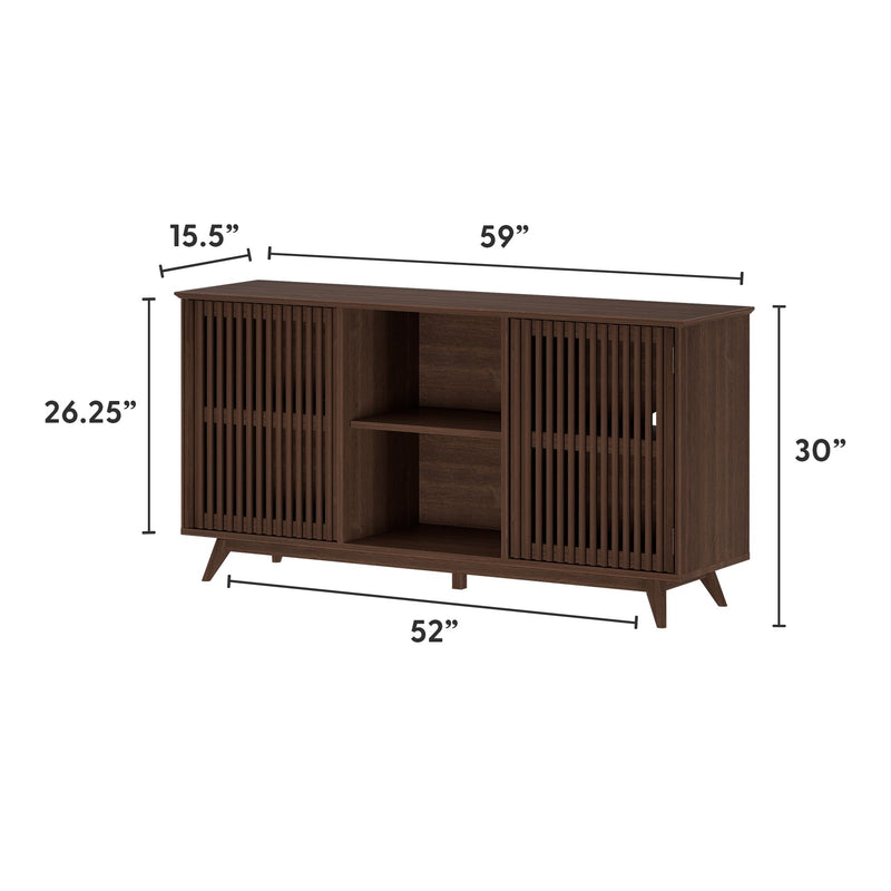 Mid-century modern dark wood TV stand with sliding doors and dimensions: 59" width, 15.5" depth, 30" height, ideal for living room storage.