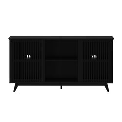 Black wooden sideboard with slatted doors and storage shelves for modern living room furniture.