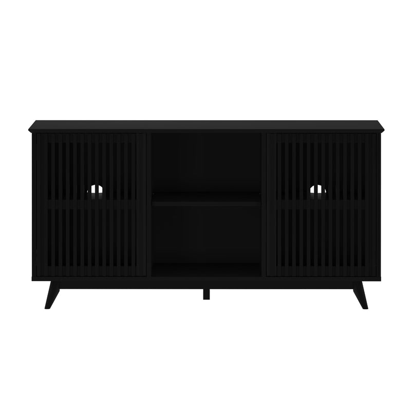 Black wooden sideboard with slatted doors and storage shelves for modern living room furniture.