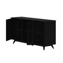 Black modern sideboard with open doors and sleek design.