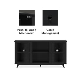 Black TV stand with push-to-open mechanism and cable management, modern entertainment console.