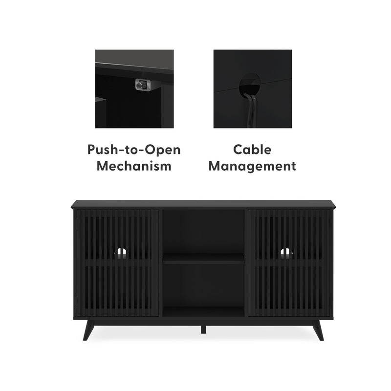 Black TV stand with push-to-open mechanism and cable management, modern entertainment console.
