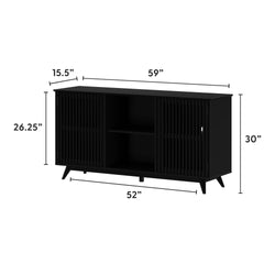 Black wooden TV console with sliding doors and internal shelving, dimensions 59 inches long by 30 inches high.