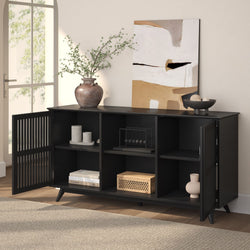 Black modern sideboard with open shelving, decorative items, and abstract wall art enhancing living room decor.