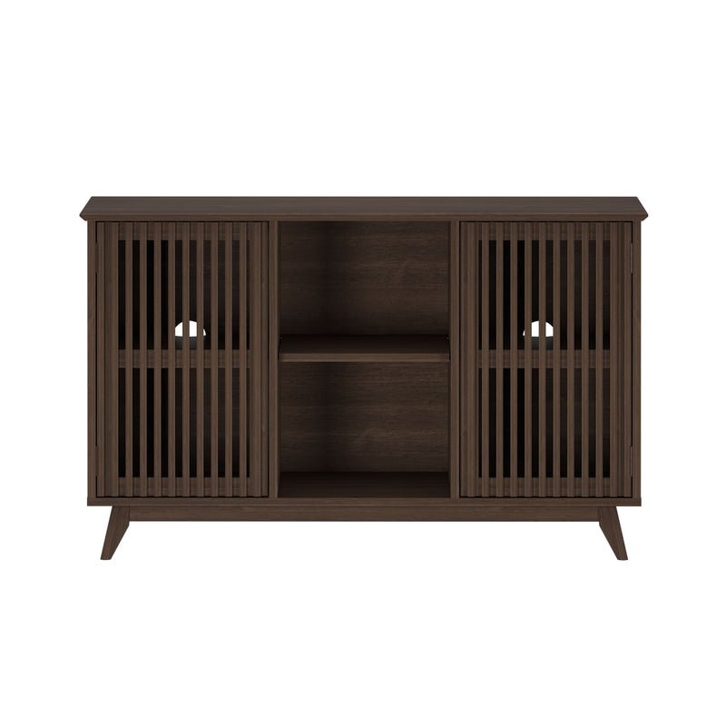 Mid-century modern dark wood sideboard with slatted doors and open shelving.