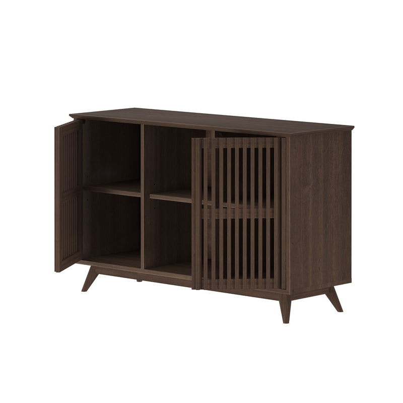 Mid-century modern wooden sideboard with open slatted doors and storage shelves.