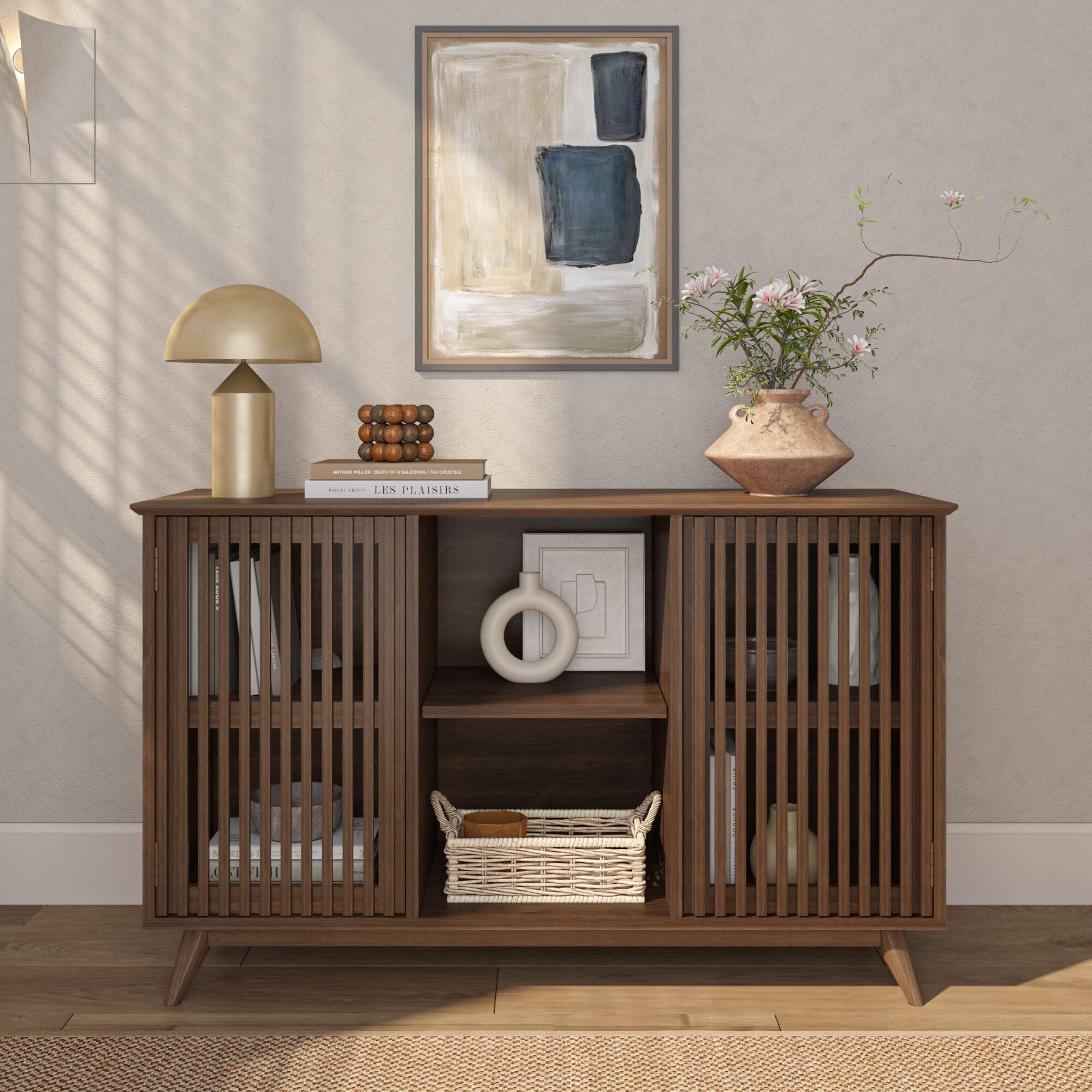 Mid Century Modern TV Stand, 2 Doors with Adjustable Shelf – Plank