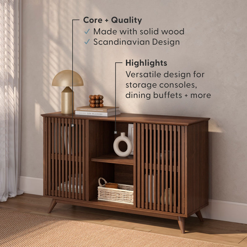 Solid wood Scandinavian design sideboard with versatile storage, featuring slatted doors and decorative items, ideal for dining buffets or consoles.
