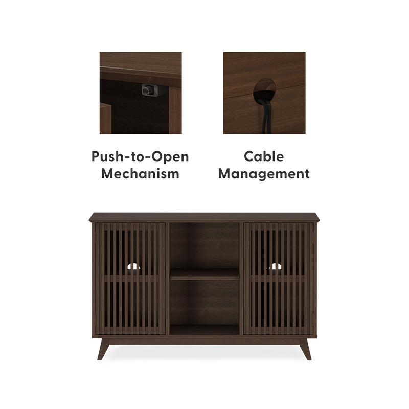 Mid-century modern TV stand with push-to-open mechanism and built-in cable management for sleek home entertainment organization.