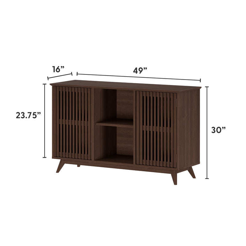 Mid-century modern wooden sideboard with sliding doors, dimensions 49" x 16" x 30", featuring open and closed storage compartments.