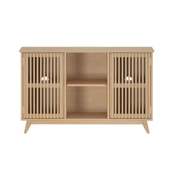 Modern wooden sideboard cabinet with slatted doors and open shelves for stylish storage.
