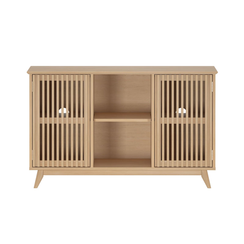 Modern wooden sideboard cabinet with slatted doors and open shelves for stylish storage.