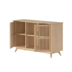 Modern wooden cabinet with open slatted doors and minimalist design for stylish home storage solutions.