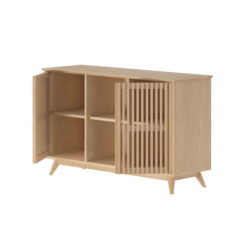Modern wooden cabinet with open slatted doors and minimalist design for stylish home storage solutions.