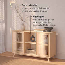 Modern Scandinavian solid wood sideboard featuring versatile storage design for consoles and dining buffets, enhanced by a sleek vase arrangement.